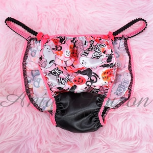 HALLOWEEN Sissy Satin Panties Hot Pink Black Bats Ghosts print String Bikini Shiny Men&#39;s Underwear or Bra or Skirt S-XL