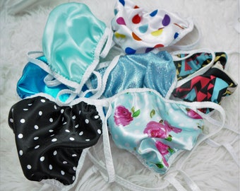 100% random satin, vinyl OR Foil  Sissy Fully Lined  panties OS humiliation pouch Tiny THONG G String