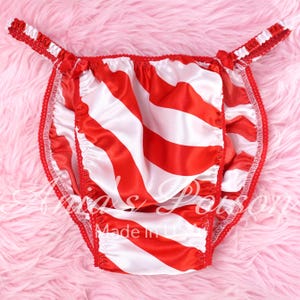 Sissy Satin Mens Panties Christmas candy cane Red White Silky soft Shiny string bikini knickers  S - 2XL