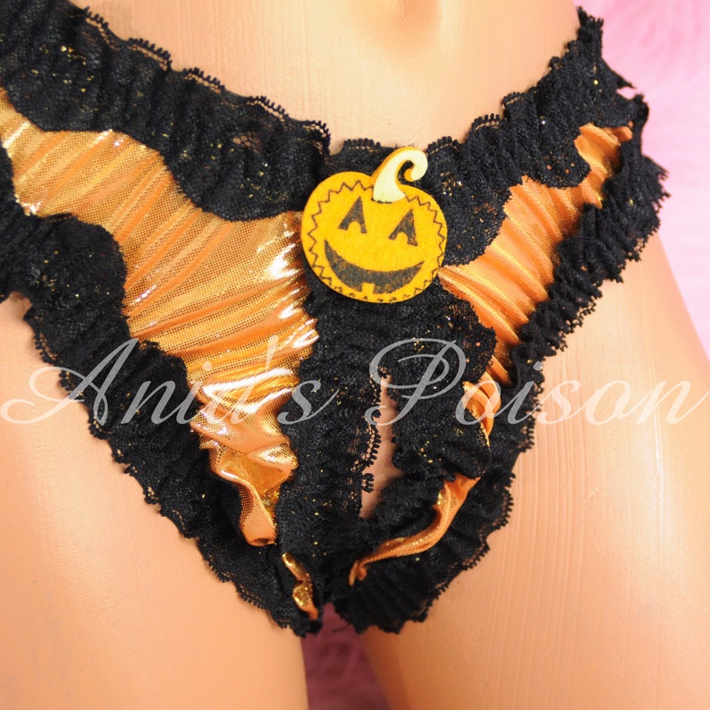 ORANGE Foil High Gloss Metallic Halloween unisex sissy fetish frilly crotchless butterfly Panties L 26-42