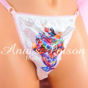 sissy thong 80s Rainbow Sundae Custom Printed SATIN sissy men&#39;s soft shiny Triangle T thong panties ADJUSTABLE sides