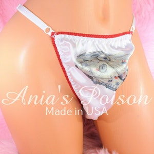SISSY Thong Millennium Star Ship Custom Printed SATIN sissy men&#39;s soft shiny Triangle T thong panties ADJUSTABLE sides