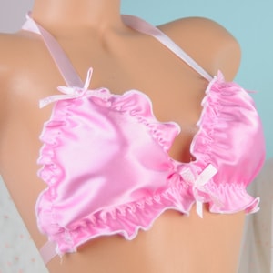 Ruffled super shiny pink Satin Sissy tie up halter triangle OS bra