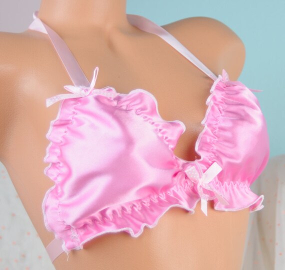 Ruffled Super Shiny Pink Satin Sissy Tie up Halter Triangle OS Bra