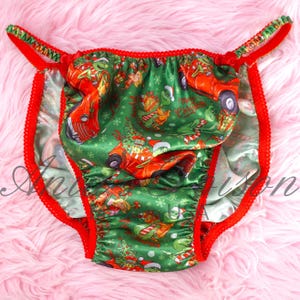 Calcinha de cetim Sissy de Natal Verde Grouch e Cachorro RARA poliéster Cetim Brilhante wetlook Corte enviesado para homens calcinhas M-XXL