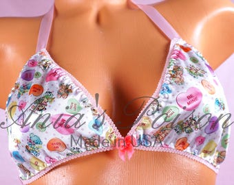VALENTINE'S Triangle SATIN Bra Conversation Hearts Pink tie up halter triangle OS bra