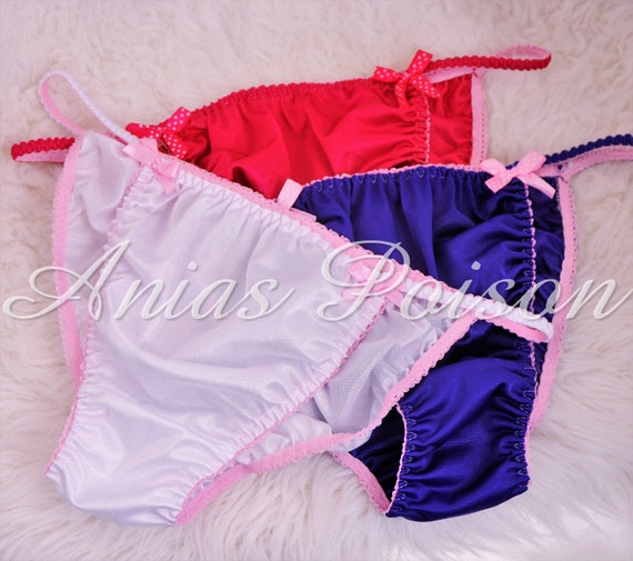 VTG style Satin White wetlook ladies sissy RED Polka Dot panties String bikini