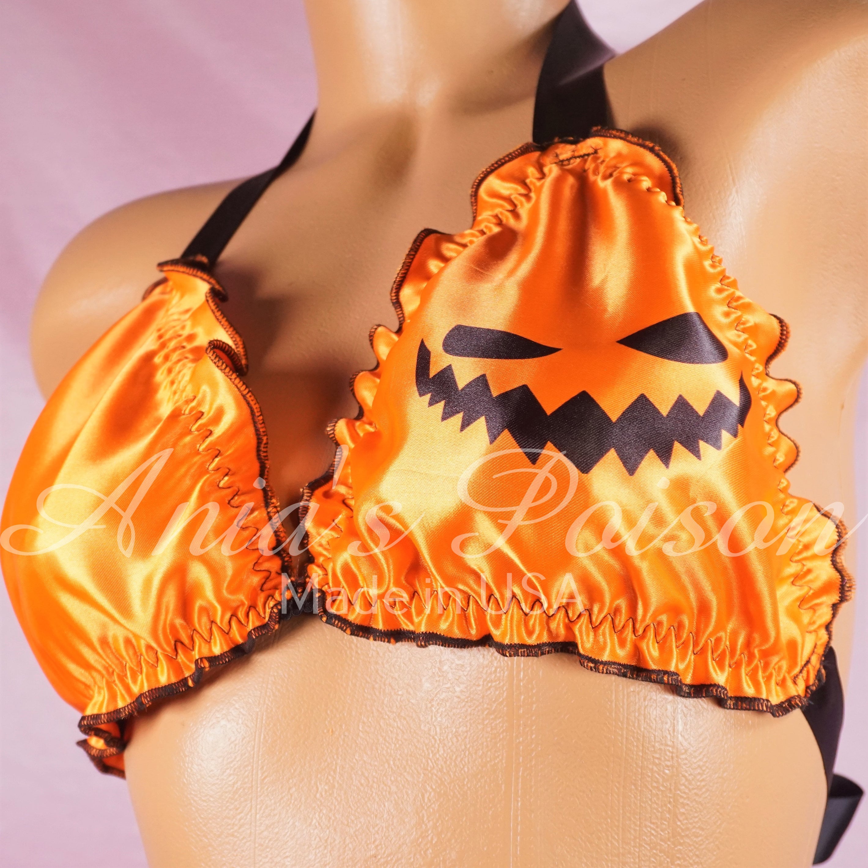 Halloween Ruffled Super Shiny Lined Satin Sissy Jack-o-lantern Orange  Pumpkin Tie up Halter Triangle Mens OS Bra - Etsy