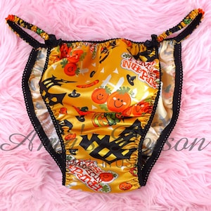 HALLOWEEN Sissy Satin Panties Cutest Pumpkin String Bikini  Shiny Men&#39;s Underwear M-XXL