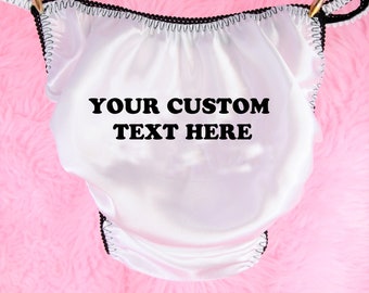 Sissy Satin Custom Printed ANY Text Panties white Rare polyester Shiny String bikini underwear - Please Read Listing