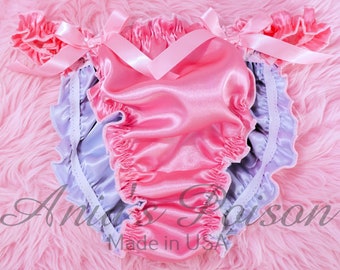 Gorgeous fully double lined 2 layer Shiny satin Ruffled soft PINK bikini sissy MAID mens high gloss panties sizes S M L Xl 2Xl