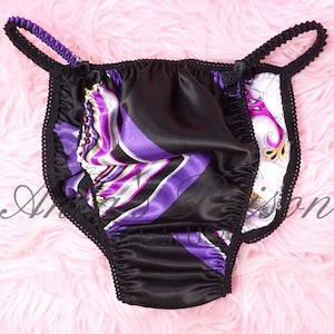 Sissy Floral Satin Panties Black Purple Paisley print polyester Shiny wetlook Spring string bikini, bra, or skirt sz S-XXL