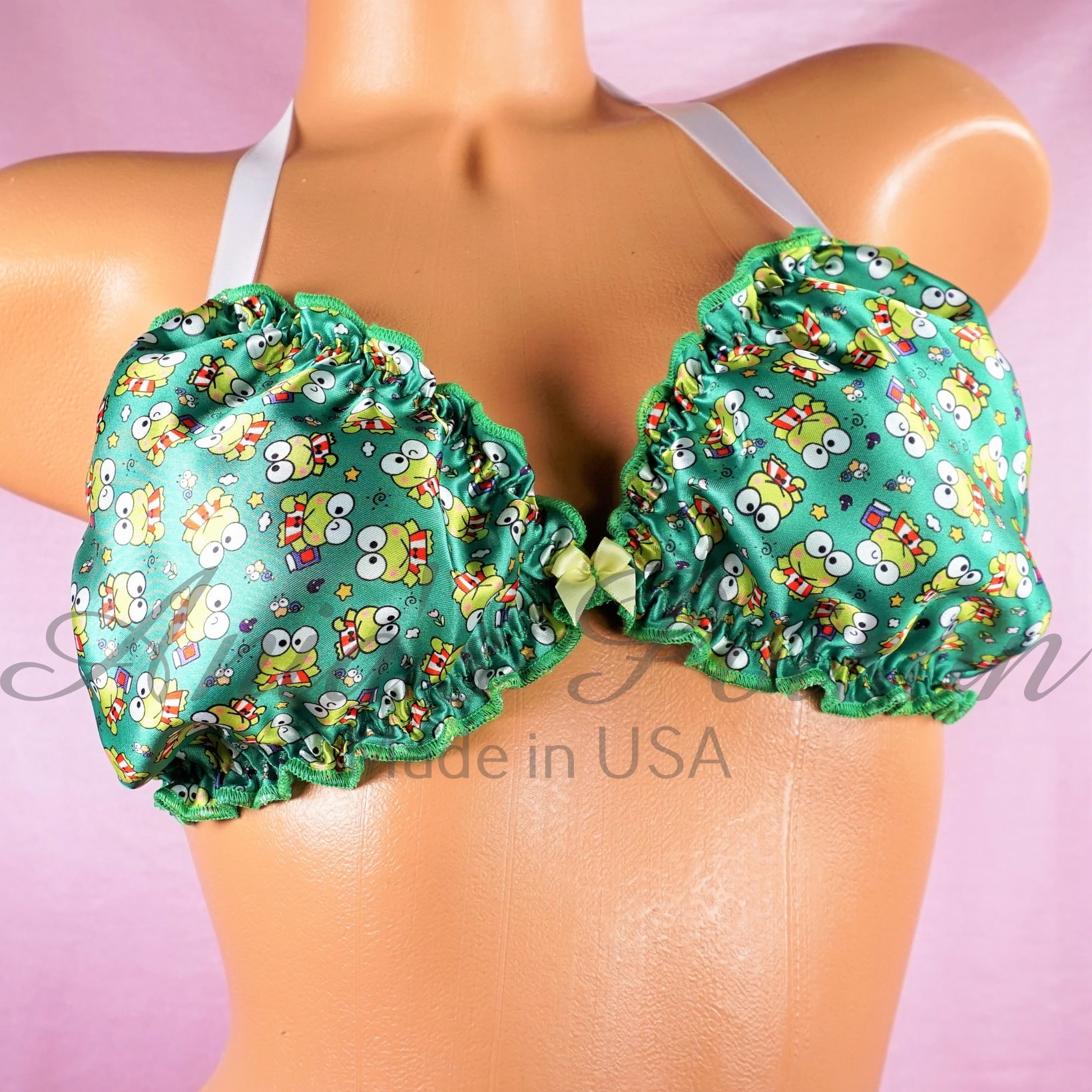 Green Kawaii Frog Print Ruffled Super Shiny SATIN Lined Tie up Halter Triangle Unisex OS Bra Etsy
