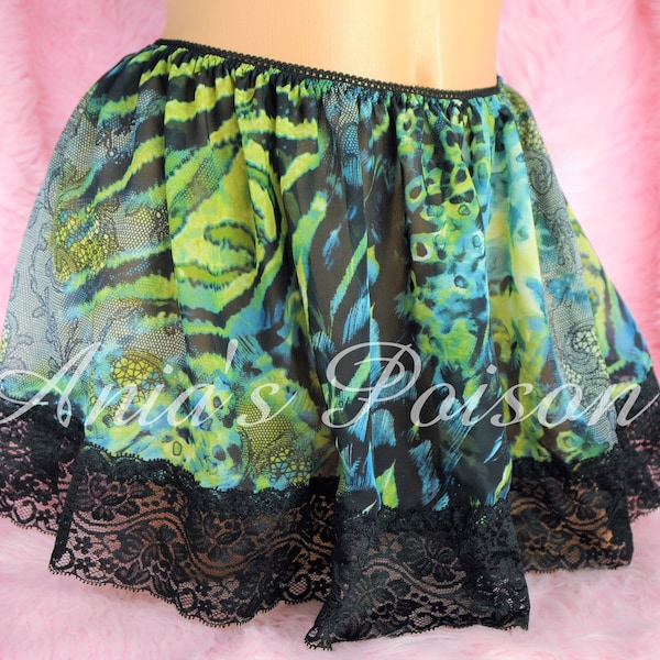 Sissy Maid Skirt Chiffon Floral Green Watercolor Print Lace Bottom Frilly mini half slip skirt OS 26-42"