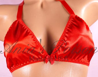 Christmas Sissy Shiny Triangle Bra Satin RED wetlook tie up halter Matching OS bra