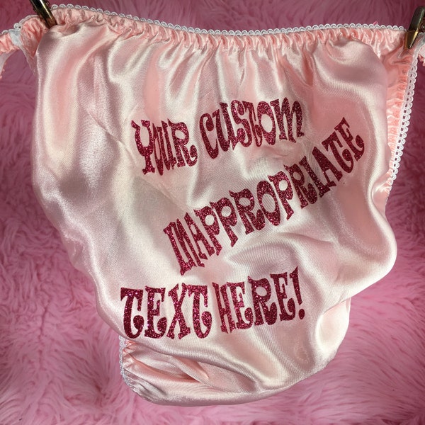 Sissy mens panties Totally CUSTOM Naughty TEXT Shiny wetlook string bikini Bias Cut Satin panties for Men knickers like a Second Skin