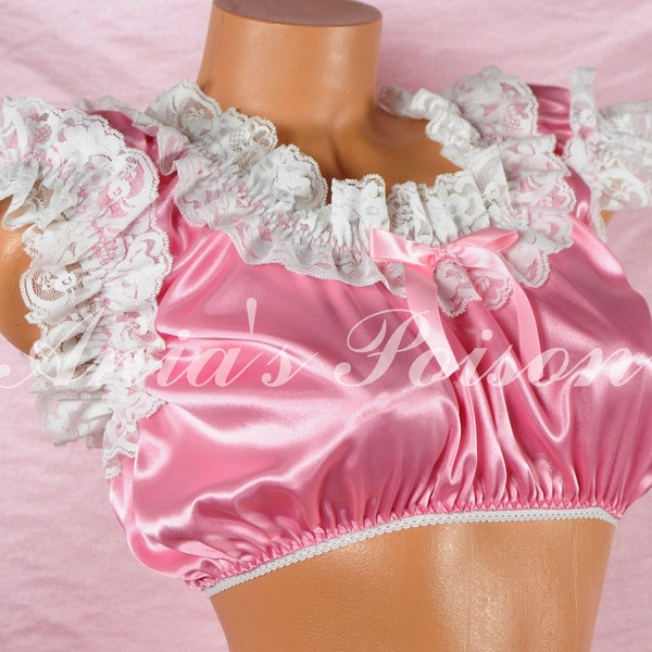 Ania's Sissy Pink Satin encaje brillante Ruffled super pull over crop top Bra sleep top shirt