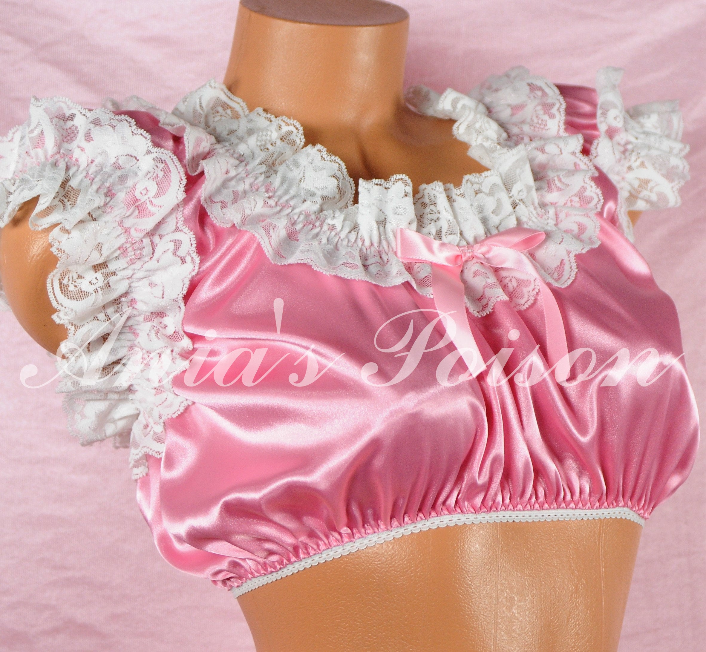 Ania's Sissy Pink Satin błyszczący koronkowy falbaniasty super top typu pull over krótki biustonosz do spania