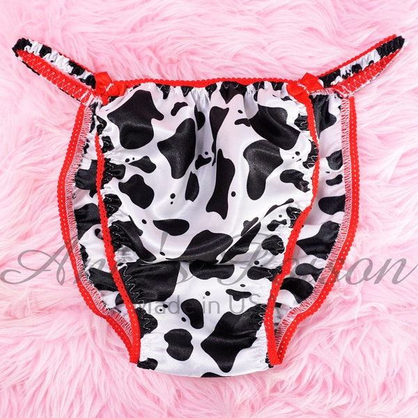 Sissy satin Panties Silky Soft Black and White Cow Print Animal Shiny wetlook string bikini Sissy panties for Men bra or skirt  S-XXL