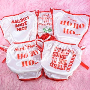 Sissy CHRISTMAS 5 Prints! Naughty Text Red White Santa&#39;s Sissy Panties satin shiny Mens string bikini underwear S - 2Xl Ania&#39;s Poison cut