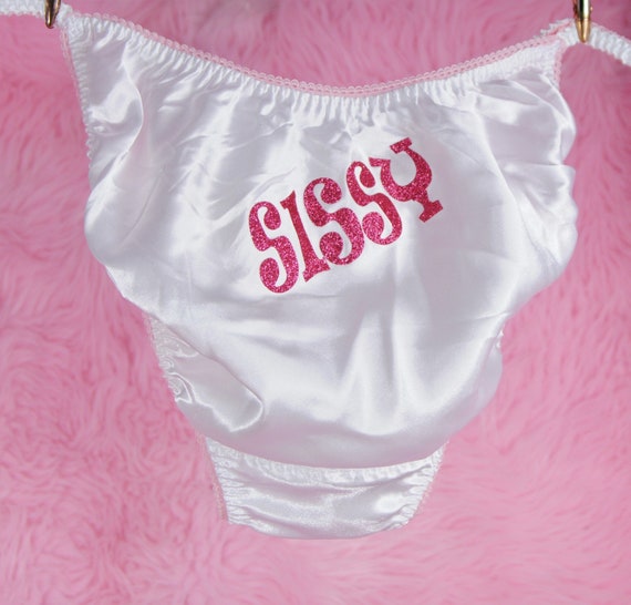 White and Pink Sissy Text Panties Wetlook String Bikini Satin