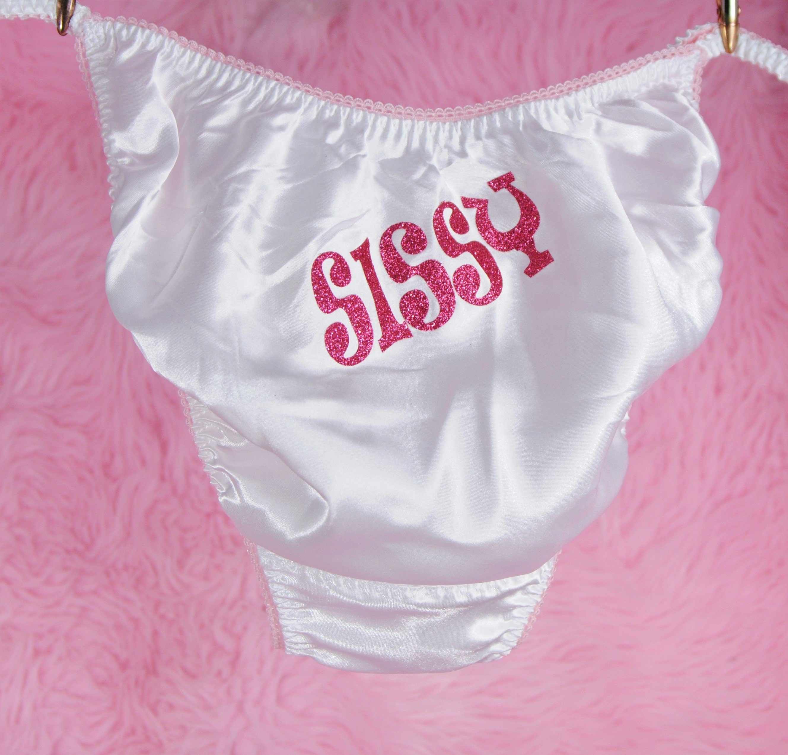 White and Pink Sissy Text Panties Wetlook String Bikini pic