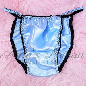 Sissy MENS PANTIES Bsby Blue with Black Trim Satin string bikini sissy maid underwear sizes S - 2Xl