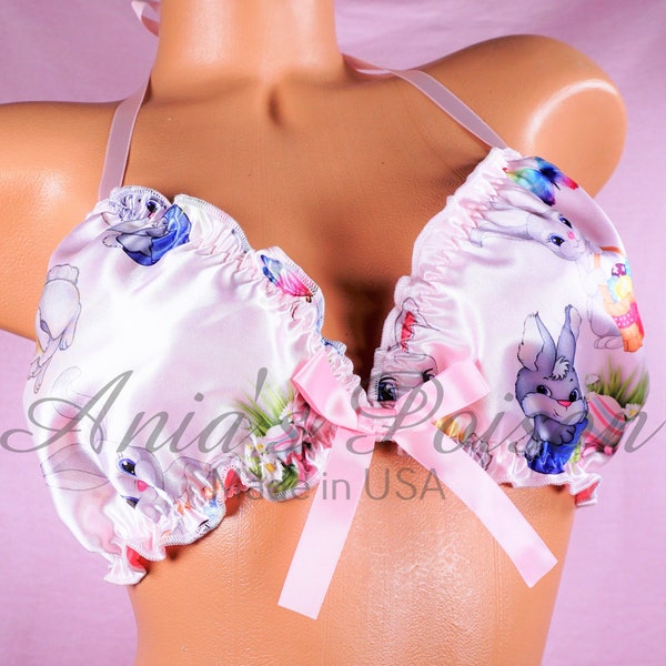 Easter Bunny Ruffled super shiny lined Satin Sissy PinkWHite matching tie up halter triangle mens OS bra