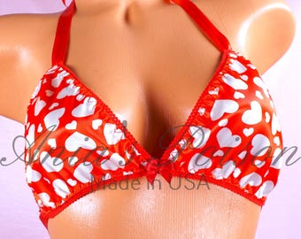 VALENTINE'S Triangle SATIN Bra Conversation Red Heart Print tie up halter triangle OS bra