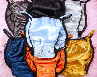 SISSY Silky Satin Panties / bra / skirt String Bikini for MEN Solids Darks So Many Colors! Men's string sissy maid underwear sizes S - 2Xl