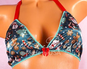 Christmas Sissy Shiny Triangle Bra Satin Teal Silky Soft wetlook tie up halter Matching OS bra