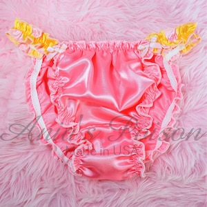 Satin Ruffled baby pink Yellow Dot sides Pin up soft hipster bikini sissy MAID mens high gloss frilly Ruffly mens panties sizes S M L Xl Xxl