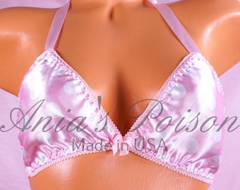 Sissy Shiny Triangle Bra Satin Baby Pink Polka Dot wetlook tie up halter Matching triangle OS bra