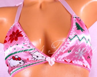 Christmas Sissy Shiny Triangle Bra Satin Pink Cat Holiday Print wetlook tie up halter Matching OS bra