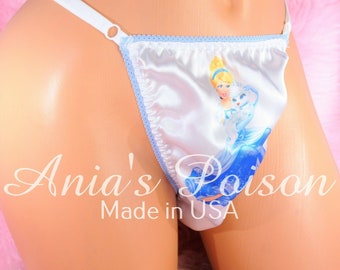 SISSY Thong Blue Princess Custom Printed SATIN sissy men's soft shiny Triangle T thong panties ADJUSTABLE sides