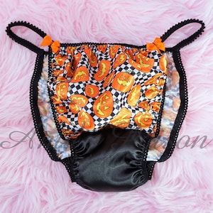 HALLOWEEN panties Sissy Satin Panties Orange Pumpkin checkered print String Bikini Shiny Men&#39;s Underwear S-XL