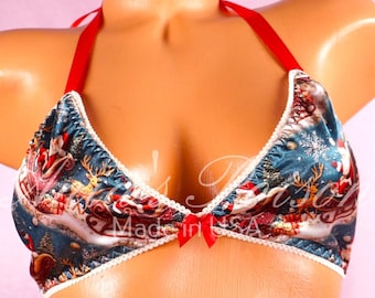 Christmas Sissy Shiny Triangle Bra Satin Santa's Sleigh wetlook tie up halter Matching OS bra