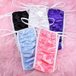 Sissy Satin lined shiny wetlook Narrow Sissy maid Lined inside Rio Tanga panties strip 28-38&quot; OS Many colors!
