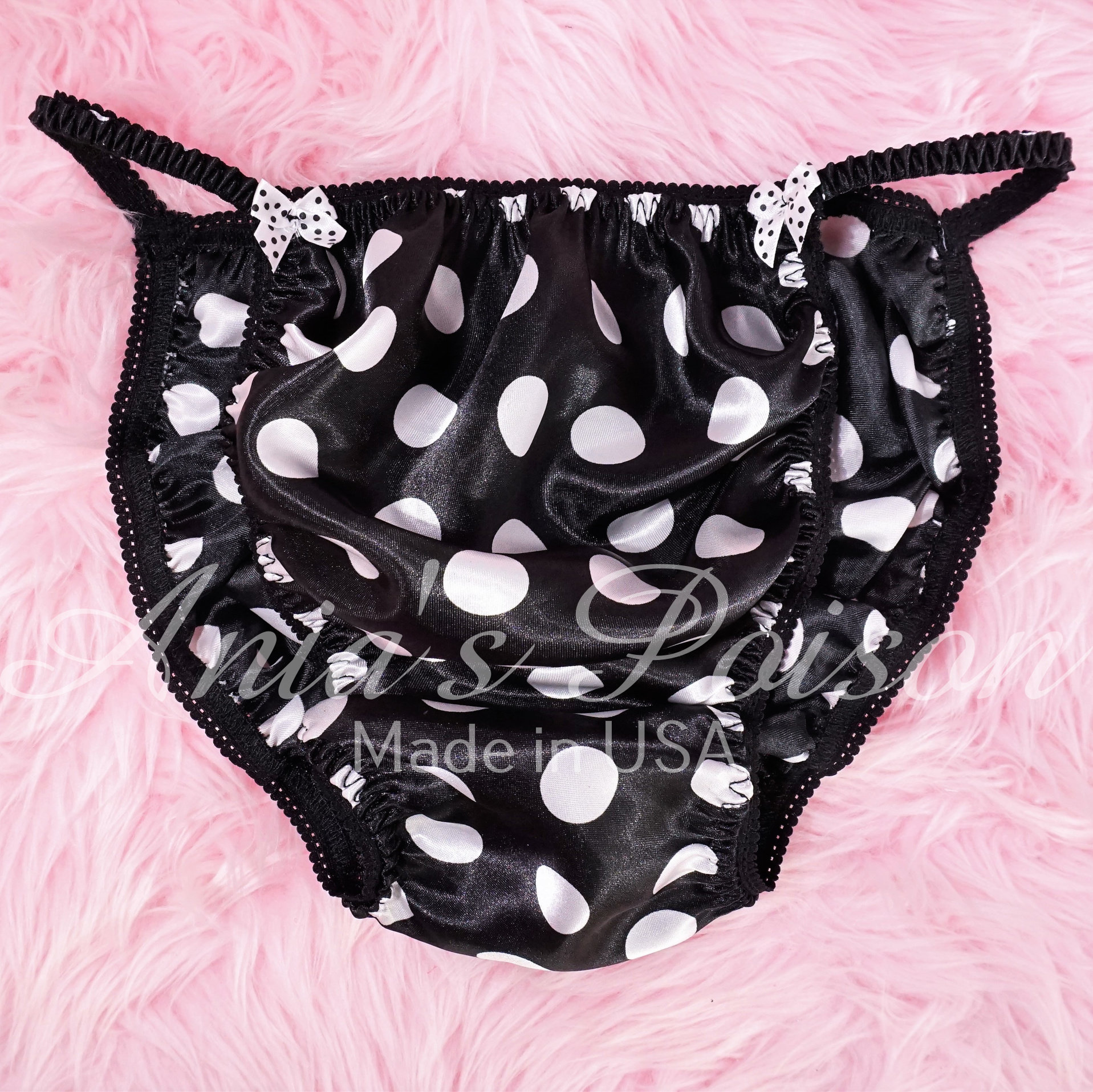 Mens Sissy Satin Panties Black White Polka Dot SOFT Silky Shiny Wetlook ...