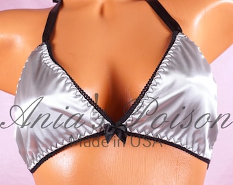 Sissy Shiny Triangle Bra Satin Silver wetlook tie up halter Matching triangle OS bra