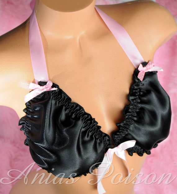 Black Ruffled Super Shiny Lined Satin Sissy Tie up Halter Triangle Mens OS  Bra 