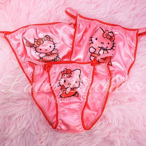 Sissy DUCHESS CUT Valentine&#39;s 3 Prints Pink & Red little Cat Sissy Panties satin shiny Men&#39;s string bikini underwear 5 6 7 8 9