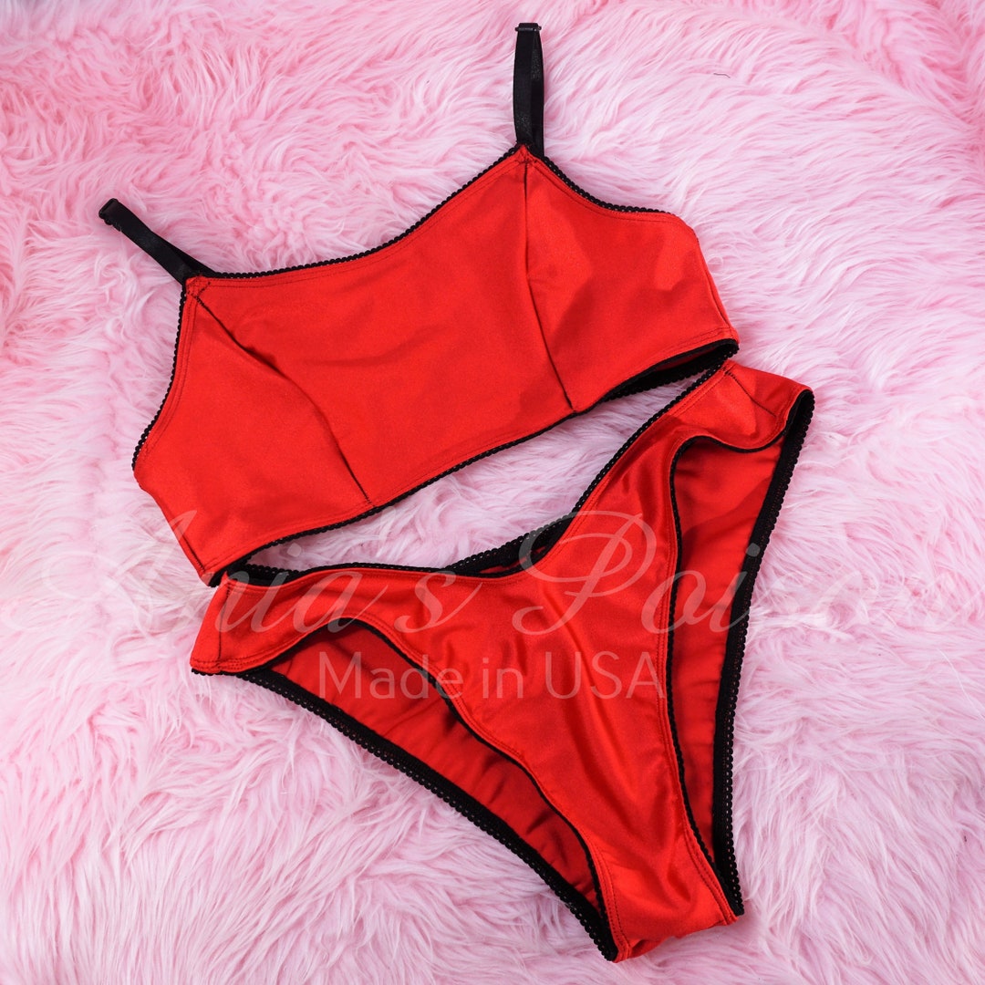 UNISEX Stretch Satin Shiny Christmas RED 80s style HIGH Leg Cut Silky Smooth full cut bikini Bra Panties or Set!
