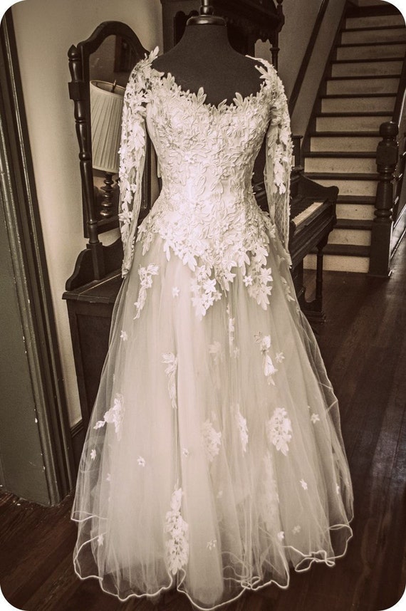 Gorgeous Vintage Eve of Milady Mad Men Betty Style White Tulle & Lace  Wedding Dress 