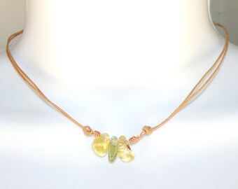 Gemstone Semi-Precious Stone / Citrine & Green Agate Stones in a Leather Necklace / Choker With Lobster Closing Gold Tone