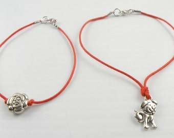 Red Cord Bracelet Kabbalah Protection Single String Lobster Closing With Dangling Loose Charms Doggy and Flower Unisex