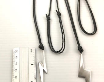Lightning Bolt Flash Thunder Harry Potter Stainless Steel Pendant / Black Surfer Waxed Cotton Cord Choker /Slider Adjustable Size Unisex