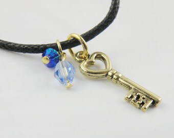 Heart Key Charm on a Black Cord Necklace / Choker Small Glass Charms / Minimalist / Adjustable / Jewelry for Young Adults / Teens Unisex
