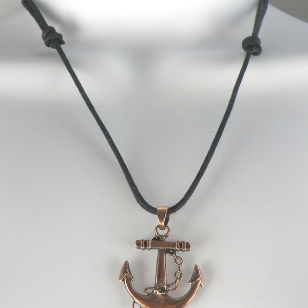 Copper Anchor / Ancla Pendant on a Surf / Surfing Style Black Waxed Cotton Cord / Choker / Necklace Vintage Look / Antique Look Unisex