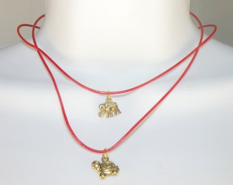 Gold Tone Turtle / Elephant Charms on a Red Indian Leather Cord Necklace / Choker Kabbalah Protection / Single Leather String Surfer Knot
